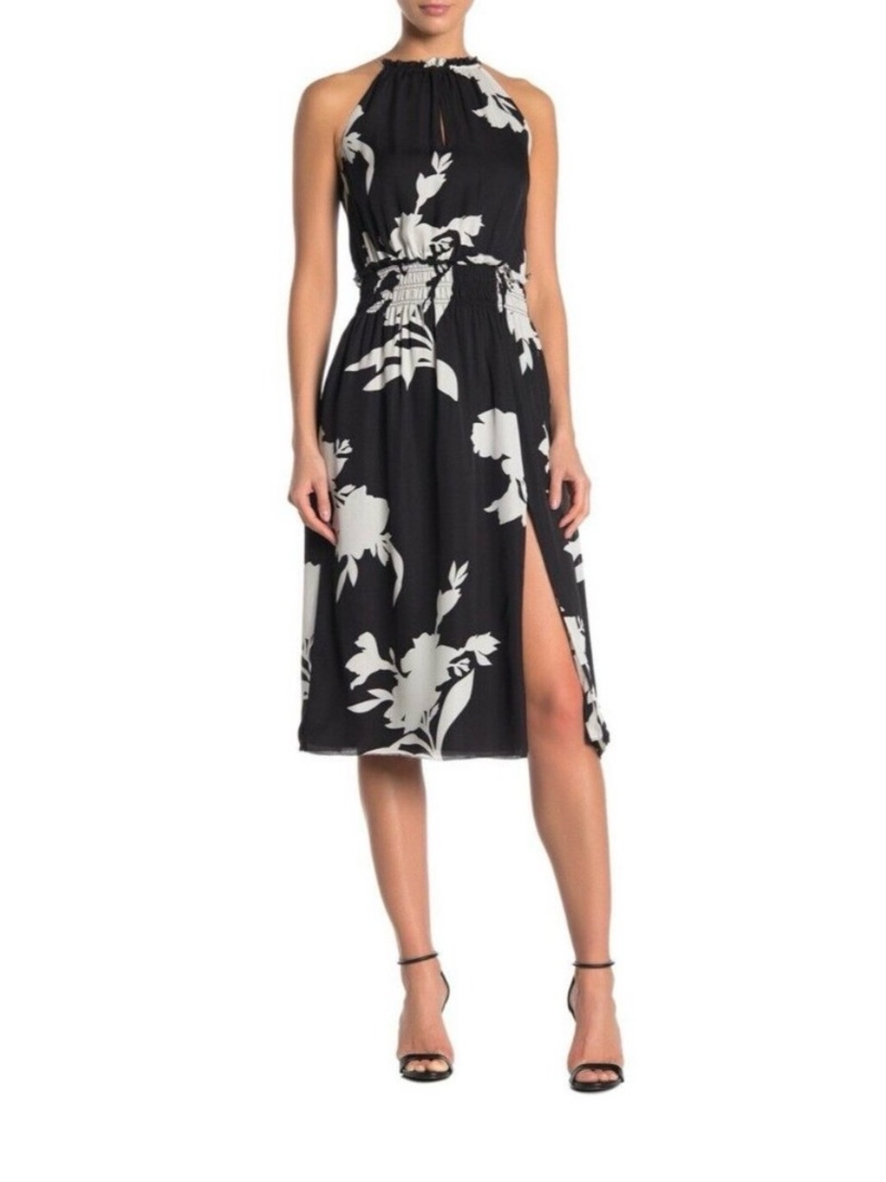 Joie Black and White Floral Halter Midi Dress with Side Slit